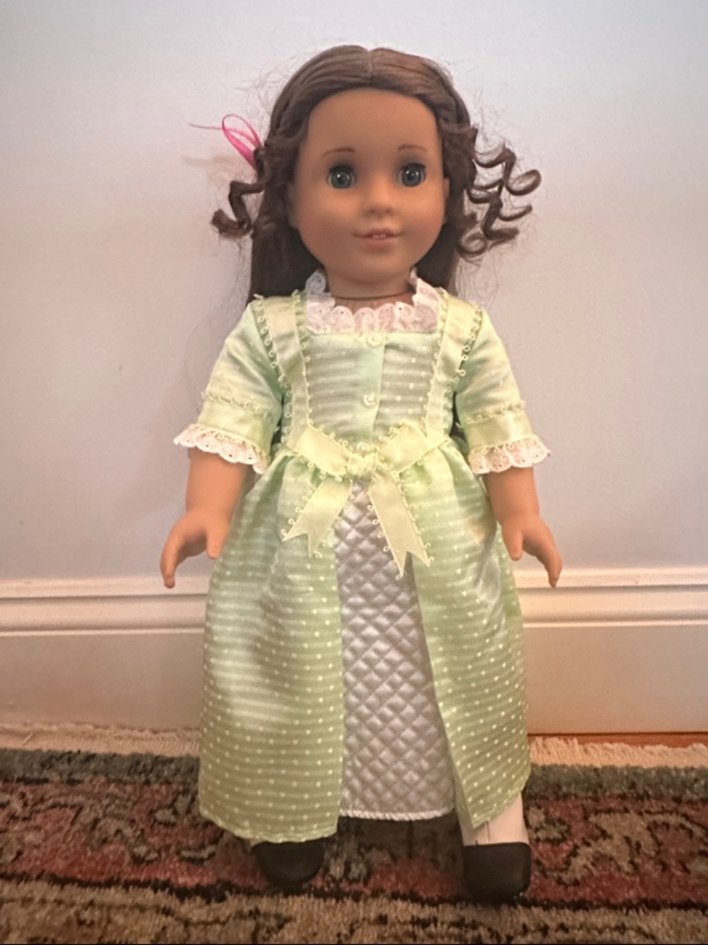 American Girl Doll in Pale Mint Green Lace-Trim Historical Dress